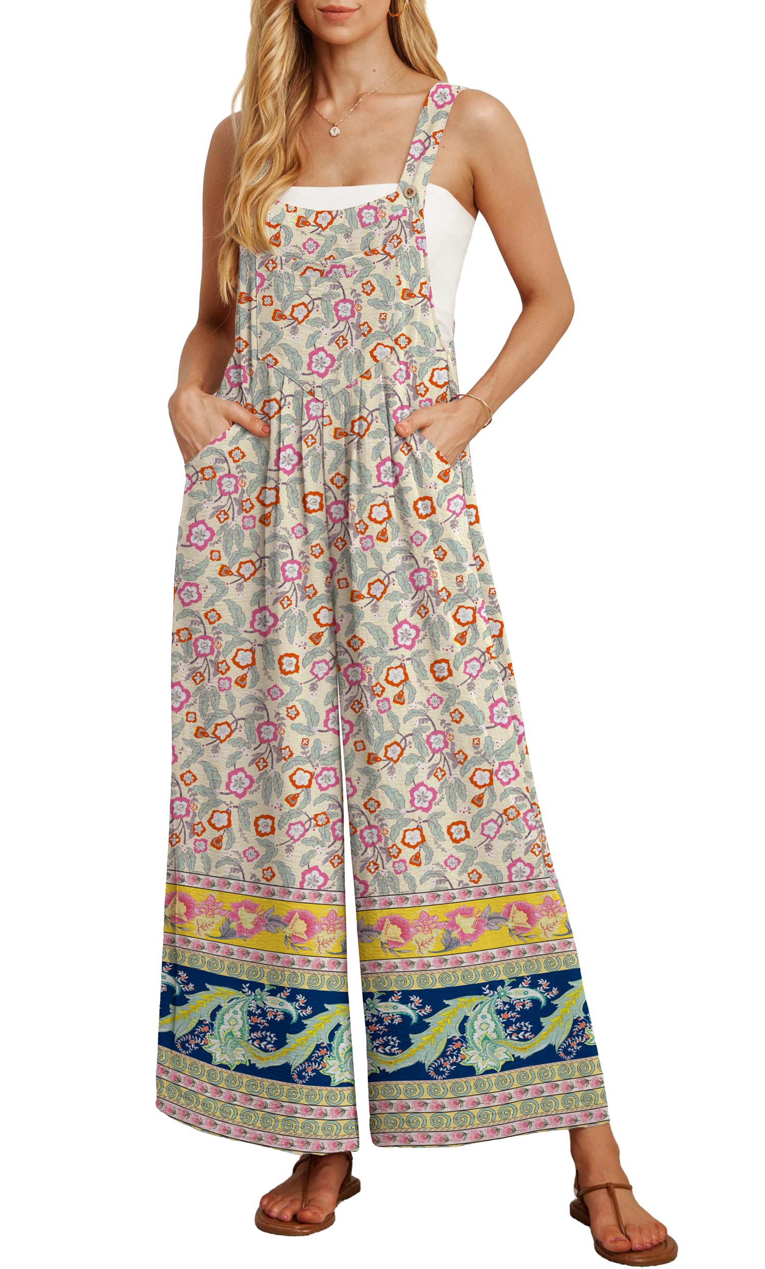 IWOLLENCE Womens Summer Overalls Jumpsuits Casual Loose Outfits Bib Wide Leg Sleeveless Adjustable Straps with Pockets Large Image