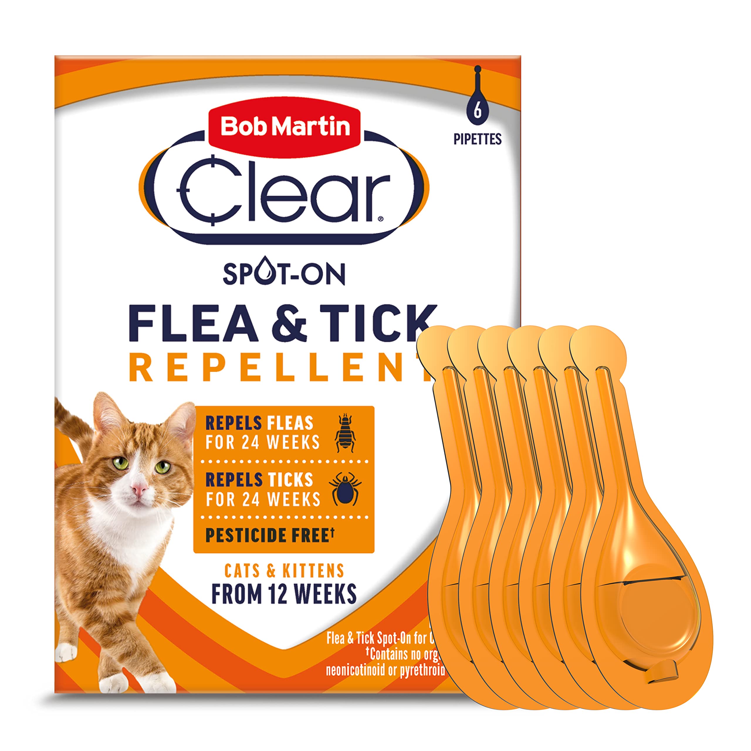 Bob Martin Clear Spot On Flea and Tick Repellent for Cats and Kittens - Pesticide-Free Protection (6 Pipettes)