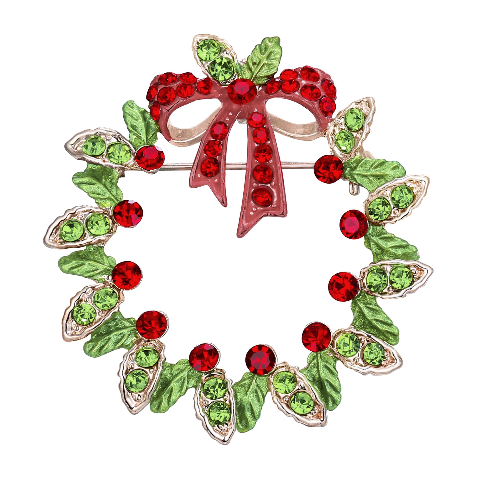 EVER FAITH Women's Crystal Floral Leaves Wreath Bowknot Brooch Pin Red w/Green Rose Gold-Tone