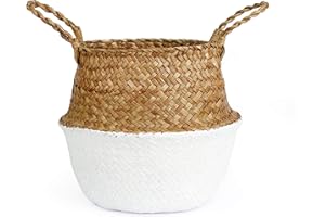 BlueMake Woven Seagrass Belly Basket for Storage, Laundry, Picnic, Plant Pot Cover, and Grocery and Toy Storage (Medium, White)