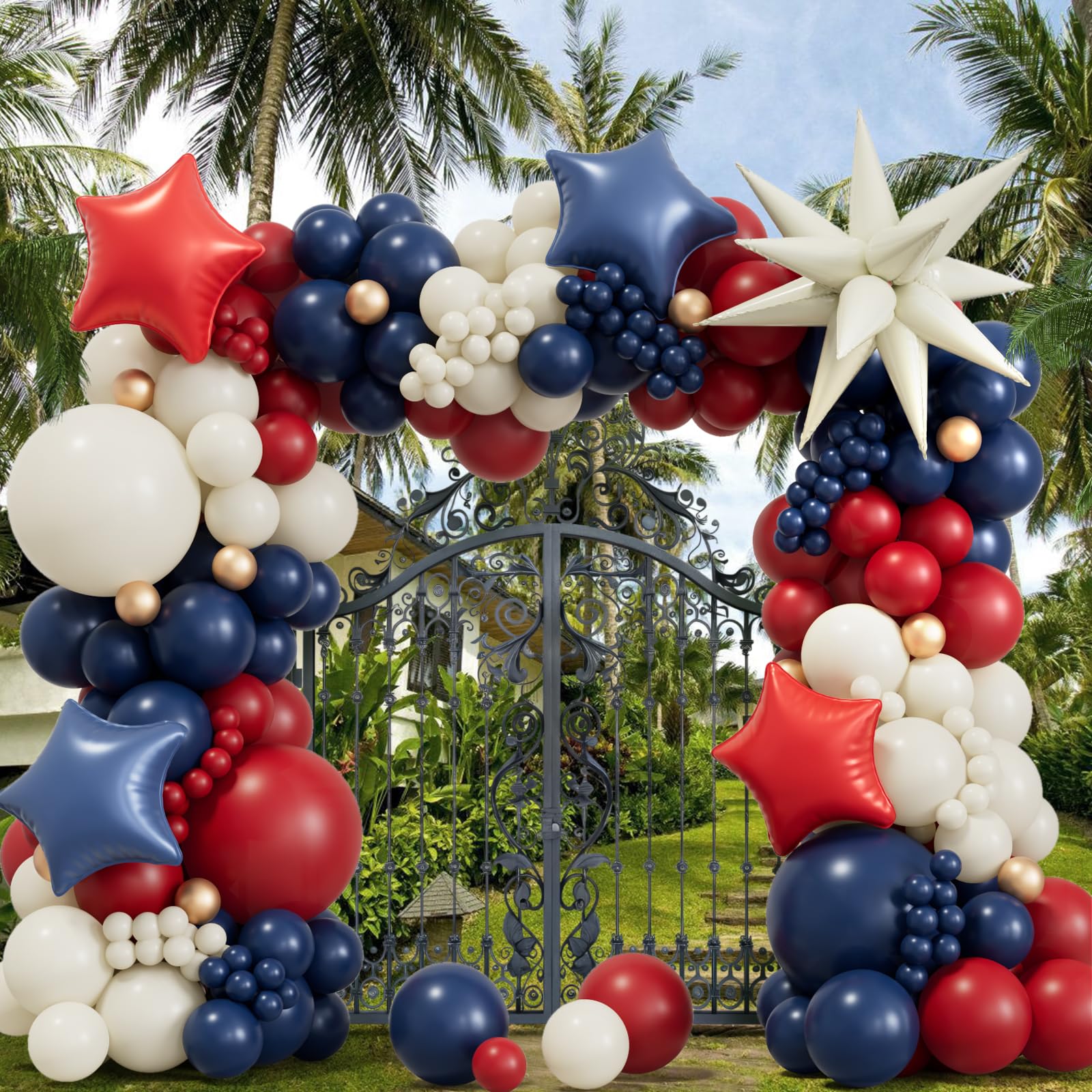 Photo 1 of Red White and Blue Balloon Arch Kit - Double Stuffed Navy Blue Balloons Sand White Champagne Gold Pastel Red Balloons For Patriots Day 4th of July Birthday Baby Shower Gender Reveal Decorations