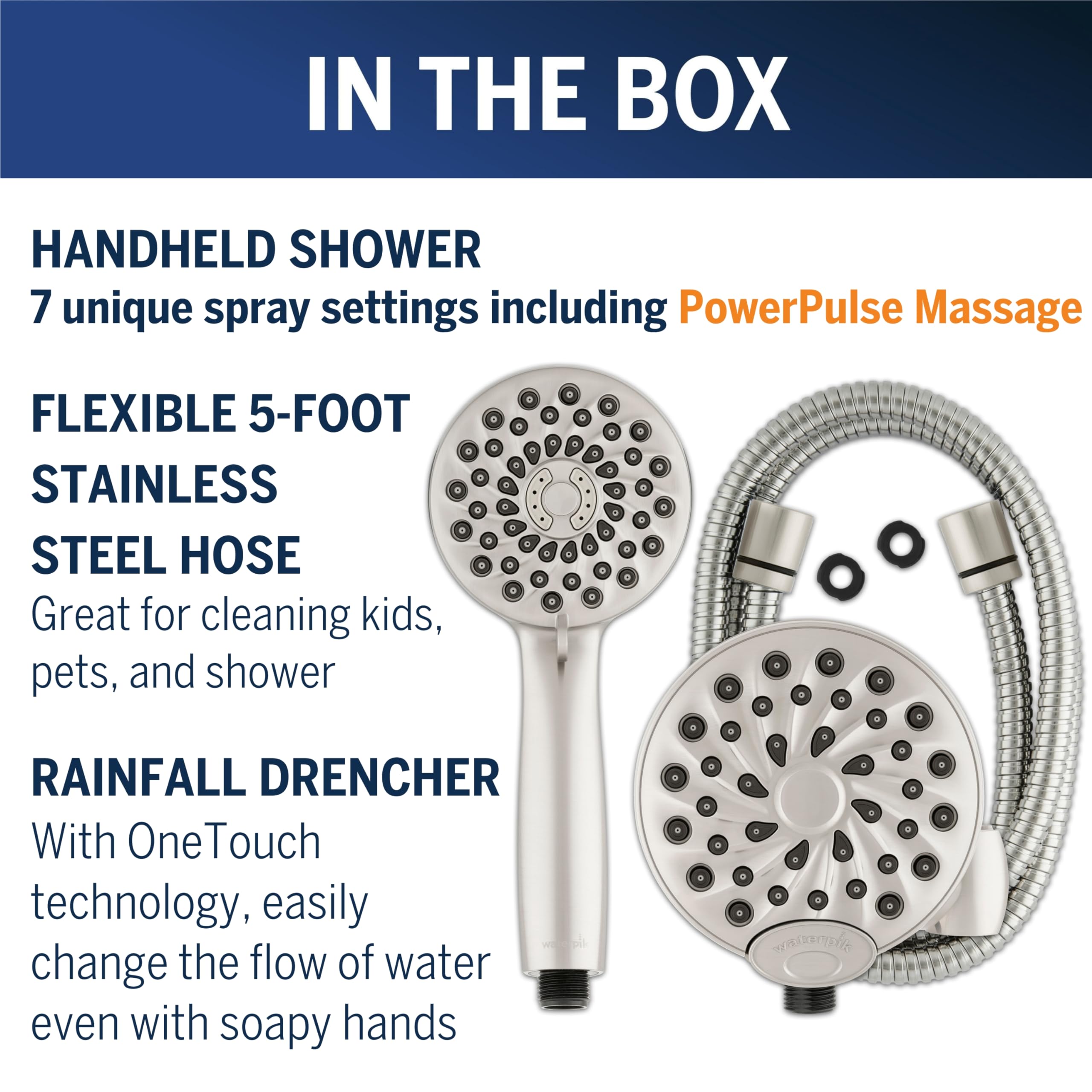 Waterpik One-Touch Dual 2-in-1 Shower System With Rain Shower Head and 7-Mode Hand Held Shower Head, Brushed Nickel XPB-139E-769ME