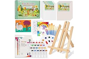 ACGASK 43 Pieces Acrylic Painting Kits for Kids,Non Toxic Arts Supplies and Paint Set for Kids with 6 Canvas Panels,24 Color Paints,15 Paper pad,Table Easels,10 Brushes Etc,Painting Kit Gift