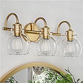 PRIMEPLUS Gold Vanity Light, 3 Light Bathroom Light Fixtures, Modern Bathroom Vanity Lights Fixtures Over Mirror with Clear G