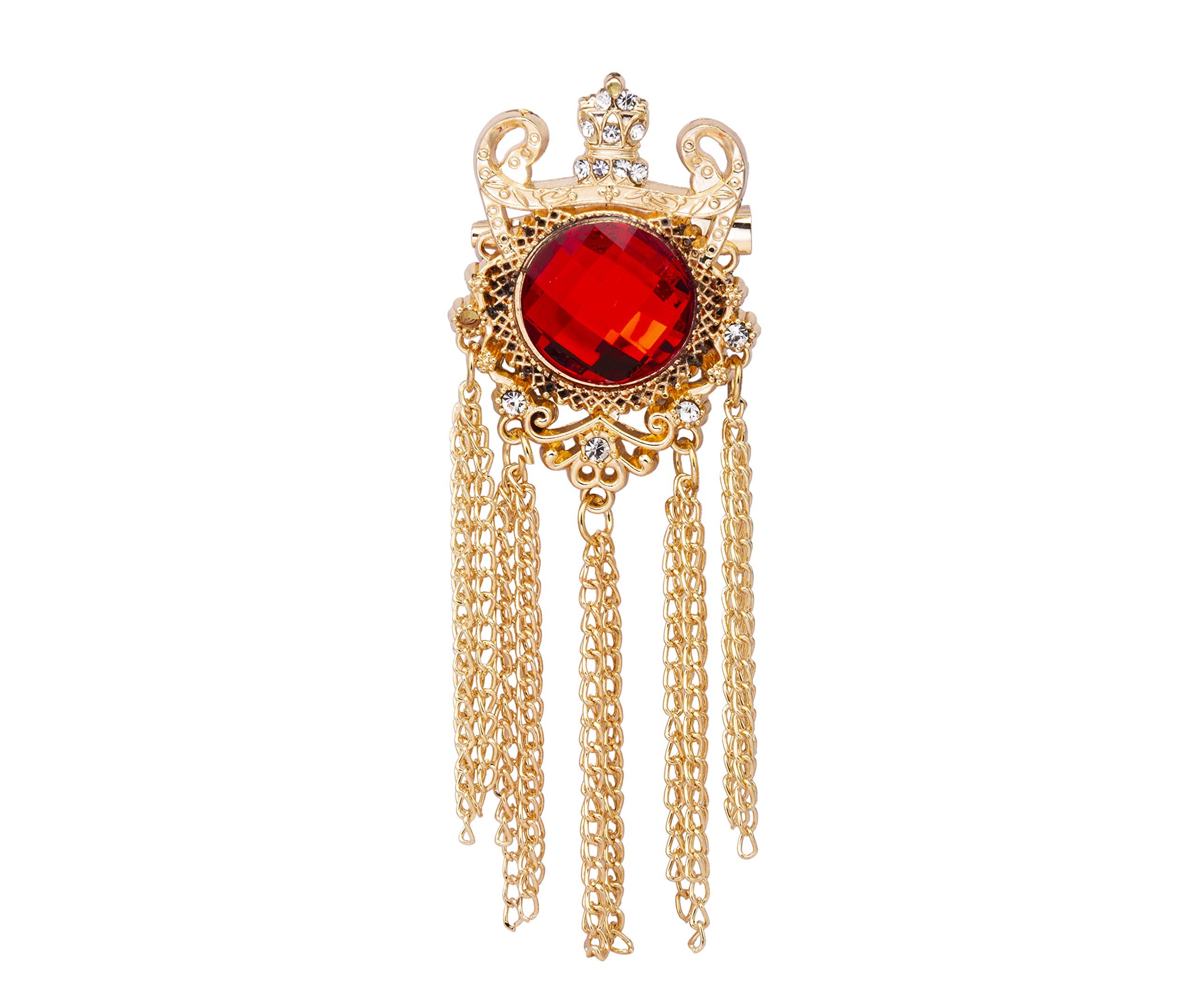 Brooch Lapel Pin for Men Crowned Red Semi Precious Stone with Crystal and Chain Detailing Metal Lapel Pin Badge Coat Suit Wedding Gift Party Shirt Collar Accessories