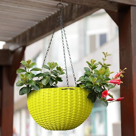 Story@Home Flower Pot Hanging Basket with Hook Chain for Home Gardener Office Balcony Grower Planter, Set of 2, Neon Yellow