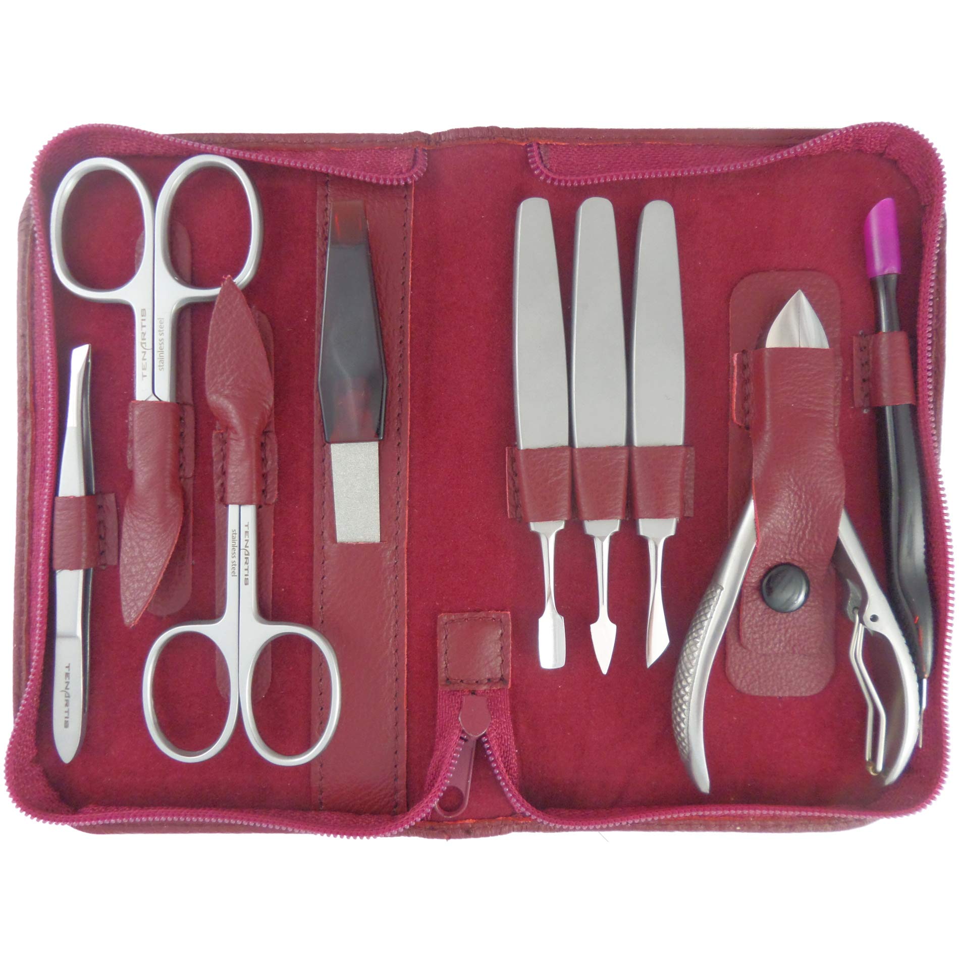 Tenartis 394 Stainless Steel 9-Piece Red Nappa Genuine Leather Manicure & Pedicure Set with Zipper - Made in Italy