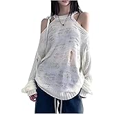 MakeMeChic Women's Cold Shoulder Sweater Crew Neck Long Sleeve Knit Y2k Pullover Tops