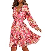 Prettywear Women's Floral Chiffon Long Sleeve Mini Dress Flowy A-Line Wrap Neck Tie Back Short Dress