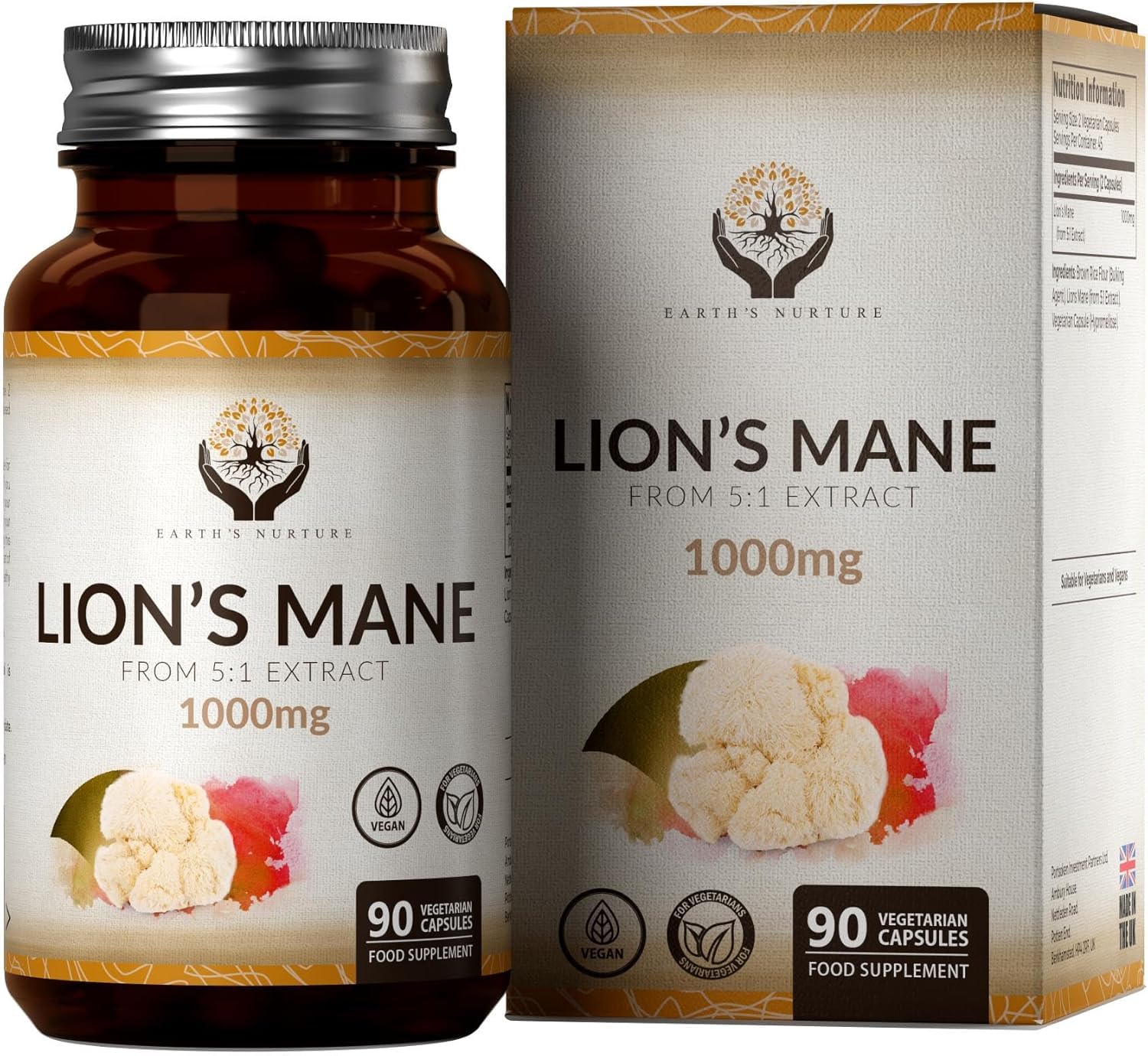 EN Lions Mane Mushroom Capsules | 90 High Strength 5:1 Lion's Mane Extract Capsules - 1000mg Per Serving | Vegan Mushroom Complex | Non-GMO, Gluten & Allergen Free | Made in The UK