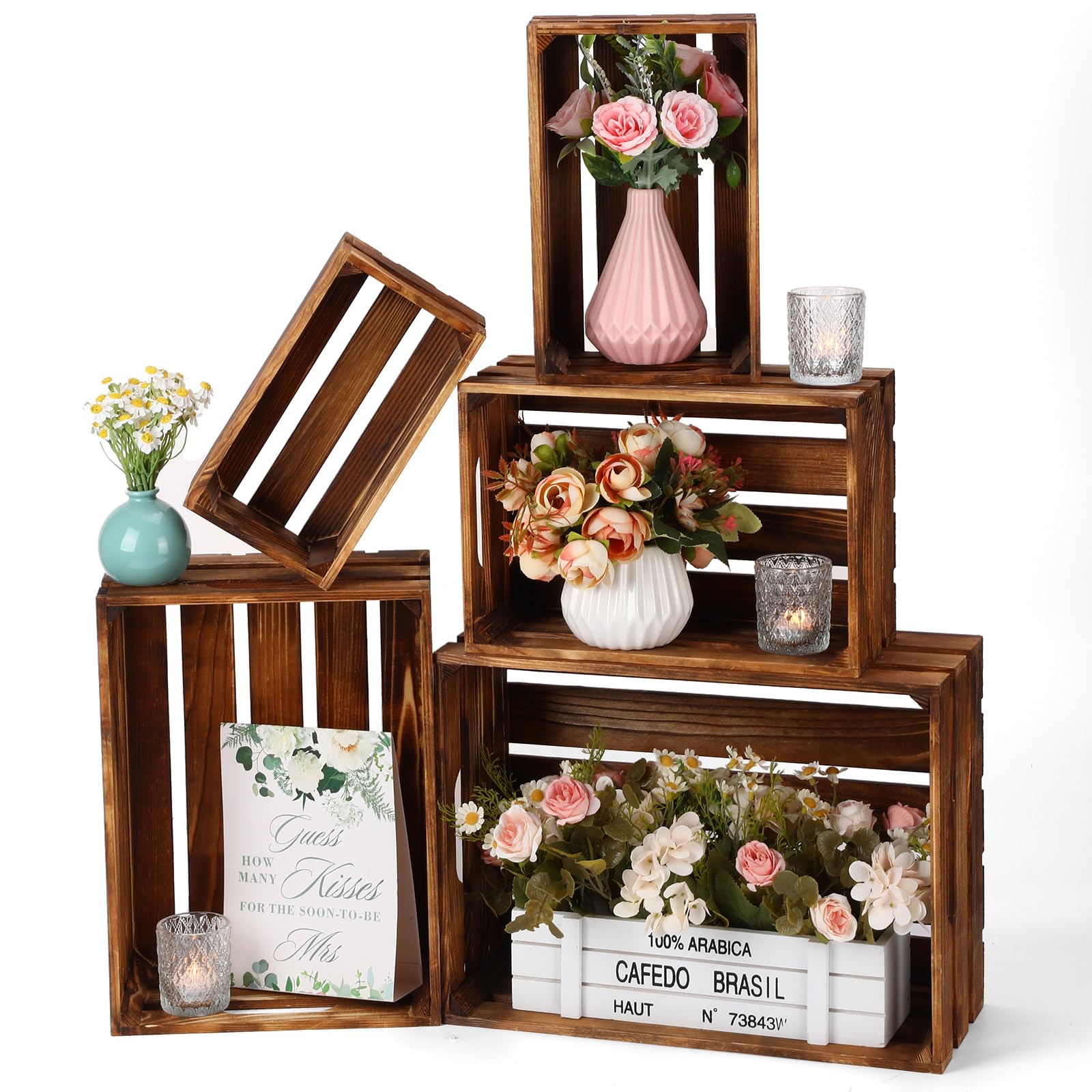 Photo 1 of Soaoo 5 Pcs Decorative Nesting Wooden Crates for Storage Display 5 Size Large Small Rustic Wood Decorative Storage Crates with Handle Farmhouse Crate Box Container Made from Pine(Vintage Brown)
