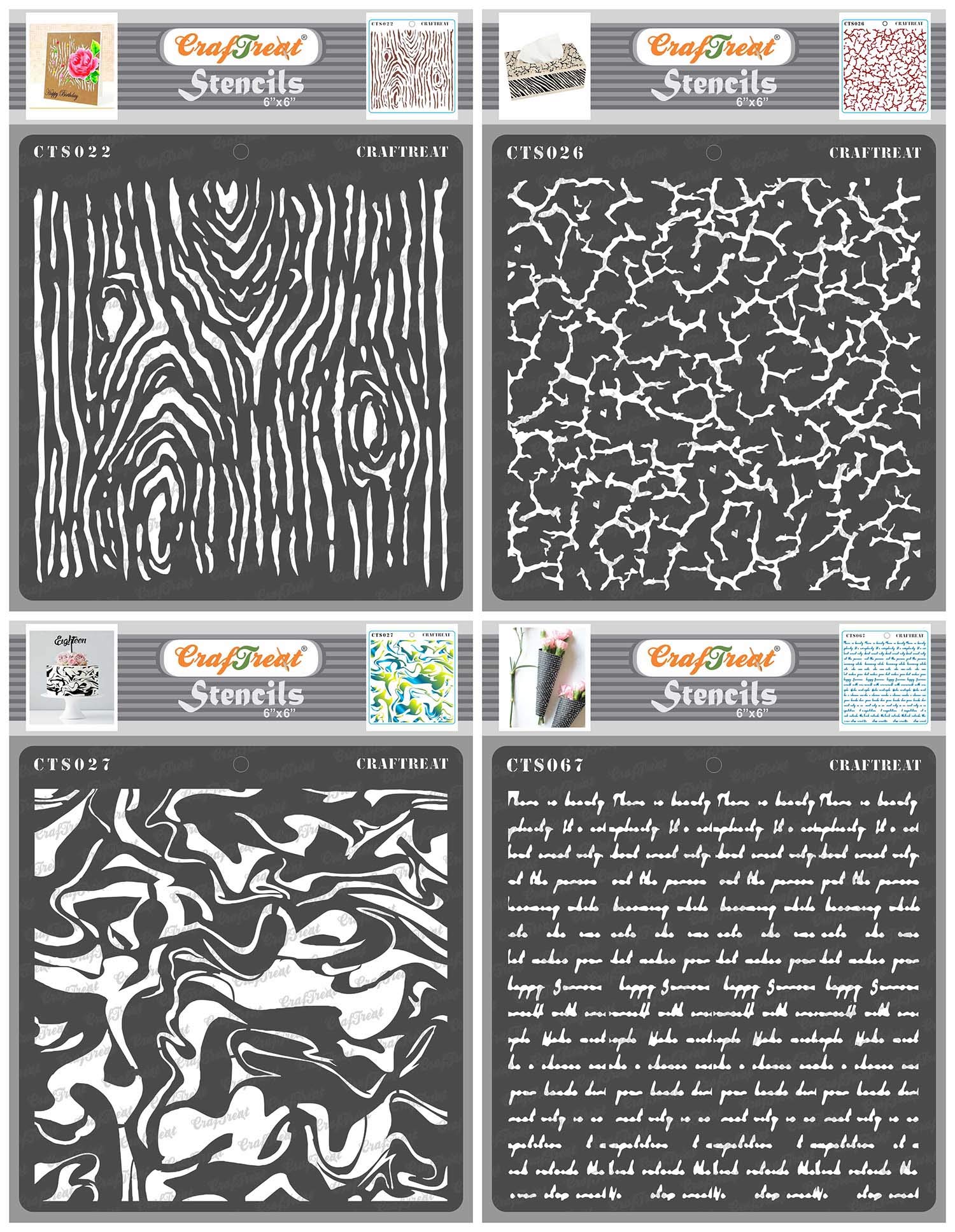 CrafTreat Reusable Texture Stencils for Furniture Painting Vintage - Woodgrain, Crackle, Marble and Script (4Pcs) - Size: 6X6 Inches - Textured Stencils for Painting on Concrete, Fabric, Canvas, Paper