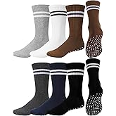 Sintege 6 Pairs Non Slip Grip Crew Socks for Men Athletic Striped Non Skid Gripper Socks for Elderly Hospital Home Yoga Pilates 7-12