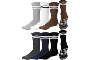 Sintege 6 Pairs Non Slip Grip Crew Socks for Men Athletic Striped Non Skid Gripper Socks for Elderly Hospital Home Yoga Pilates 7-12