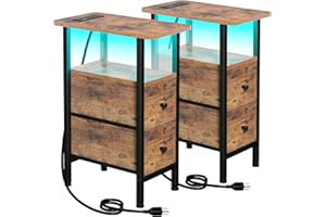 LOAKEKEL Narrow Side Table with Charging Station, LED Light, End Tables Living Room Set of 2, Skinny Nightstand with Fabric D