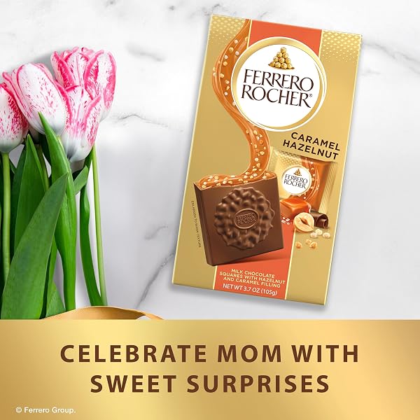 FERRERO ROCHER PREMIUM CARAMEL HAZELNUT CHOCOLATE SQUARES, INDIVIDUALLY WRAPPED CHOCOLATES, GREAT FOR SHARING OR GIFTING, 3.7 OZ