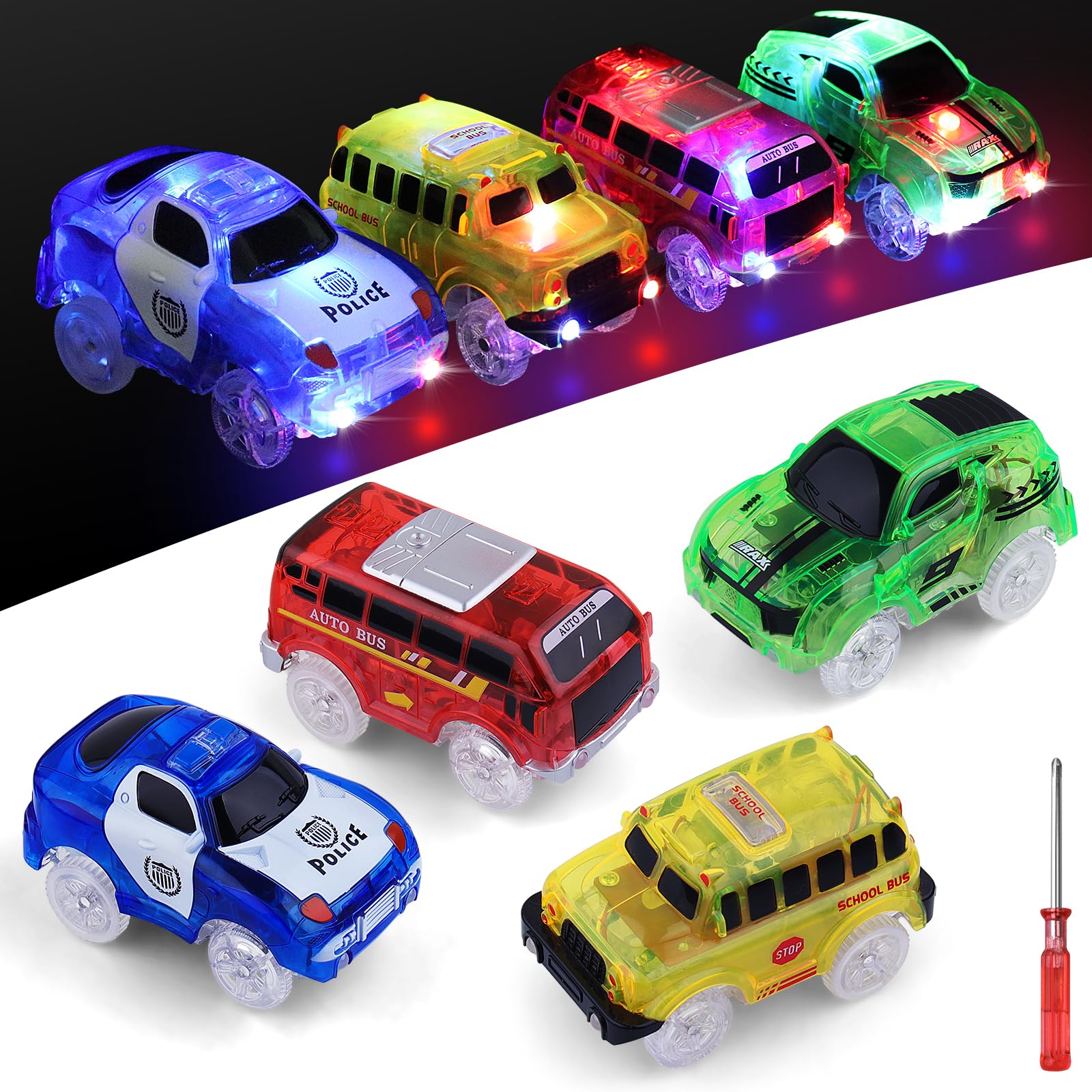 yusvwkj 4 Pack Tracks Cars Magic Light Up Track Car Toy Glow in the Dark for 3 4 5 6 7 8 Kids Boy Girl, Race Cars with 5 LED Flashing Light, Battery Operated — image 1