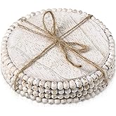 Honeydak 4 Pieces Wood Beaded Coasters 3.9 Inch Round Rustic Farmhouse Wooden Coasters for Drinks Decorative Table Top Wood Bar for Housewarming Home Kitchen(Beige)