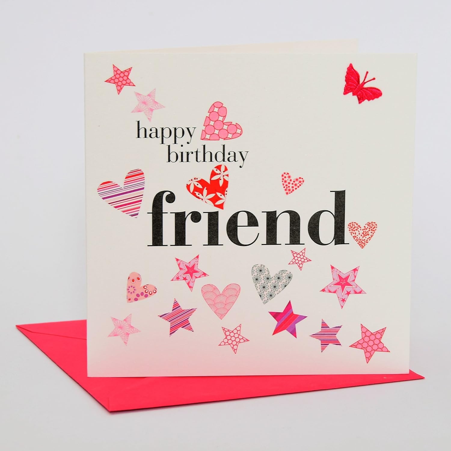 Claire Giles Greeting Cards, Happy Birthday Card, Friend, Pink Hearts and Stars, Embellished with a Fabric Butterfly - Image 3