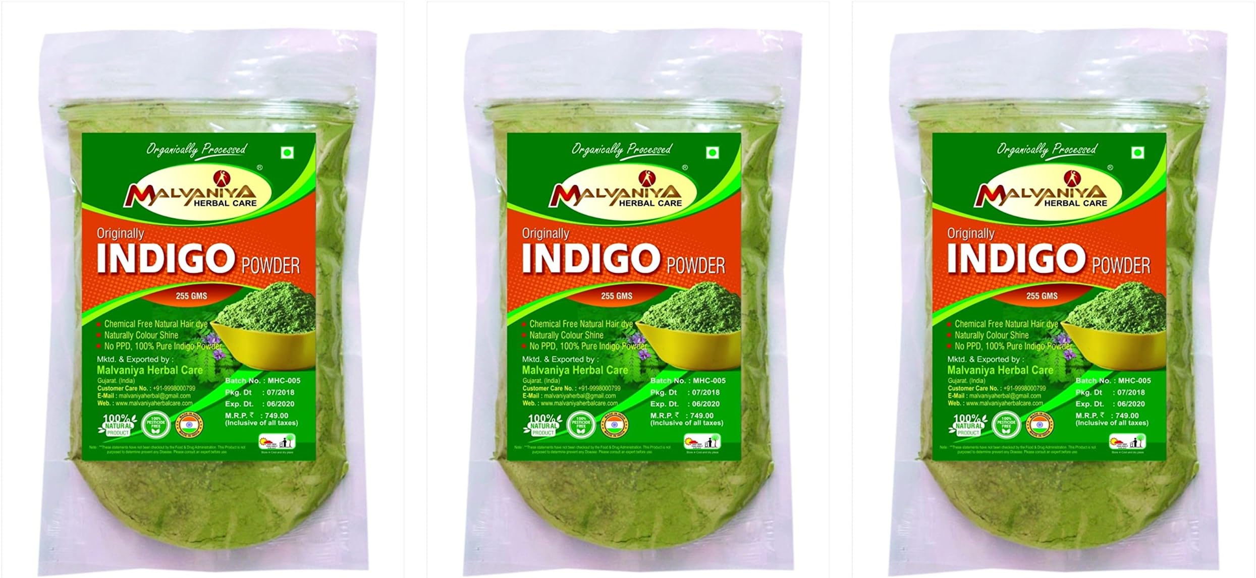 INDIGO POWDER FOR HAIR DYE/HAIR COLOUR (PACK OF 3) (255 Grams x 3) = (765 Grams)
