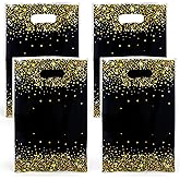 50 PCS Black Gold Party Favor Bags(6.7x9.8 Inch) with Handle Plastic Birthday Gift Goodie Treat Candy Snack Cookie Bags New Year Christmas Party Favors Supplies Graduation Decorations Baggies