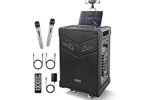 GEYGUY GTSK10-3 Portable Bluetooth PA Speaker System with TWS, 3-Way Wireless Karaoke Machine for Adults, 10” Subwoofer Loudspeaker with Dual UHF Mics, Remote & Wheels – for Parties, Events, Outdoors