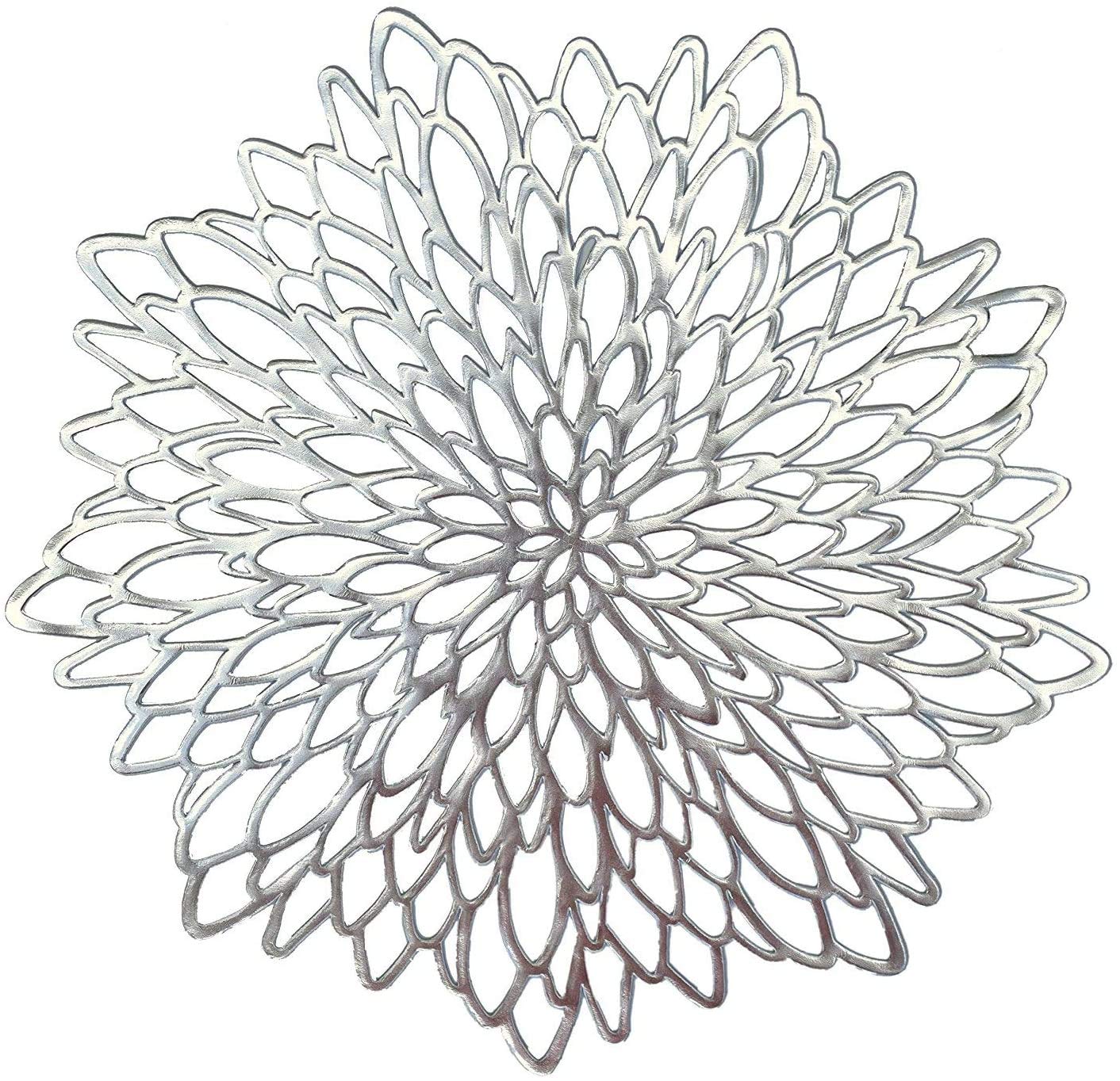 HEYOMART PVC Placemats Sets of 4 Round Leaf Place Mats Washable Heat Resistant Vinyl Table Mats for Morden Kitchen Dining Table Wedding Accent Centerpiece Placemat, Silver