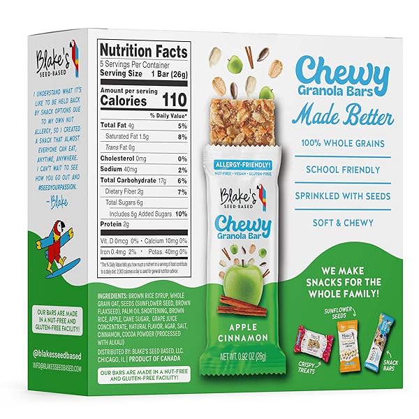 BLAKE’S SEED BASED CHEWY GRANOLA BARS — APPLE CINNAMON (5 COUNT), VEGAN, GLUTEN FREE, NUT FREE & DAIRY FREE, HEALTHY SNACKS FOR KIDS OR ADULTS, SCHOOL SAFE, LOW CALORIE SOY FREE SNACK