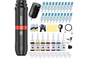 MIHERT Tattoo Gun Kit with Wireless Rotary Tattoo Machine, 1500mAh Battery, 20 Tattoo Cartridge Needles, 7 Tattoo Inks, Tattoo pen for Beginners and Professionals (Black)