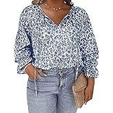 Floerns Women's Fall Plus Size Floral Print Boho V Neck Drawstring Long Sleeve Top Tie Front Blouse Teacher Outfits