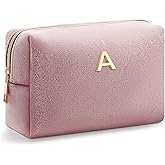 Kigeli Initial Makeup Bags Pink Velvet Monogram Cosmetic Bag Pouch Personalized Travel Toiletry Bag Trendy Stuff Gifts for Women Girls Teacher Mom Bridesmaid Valentine's Day Birthday Graduation(A)