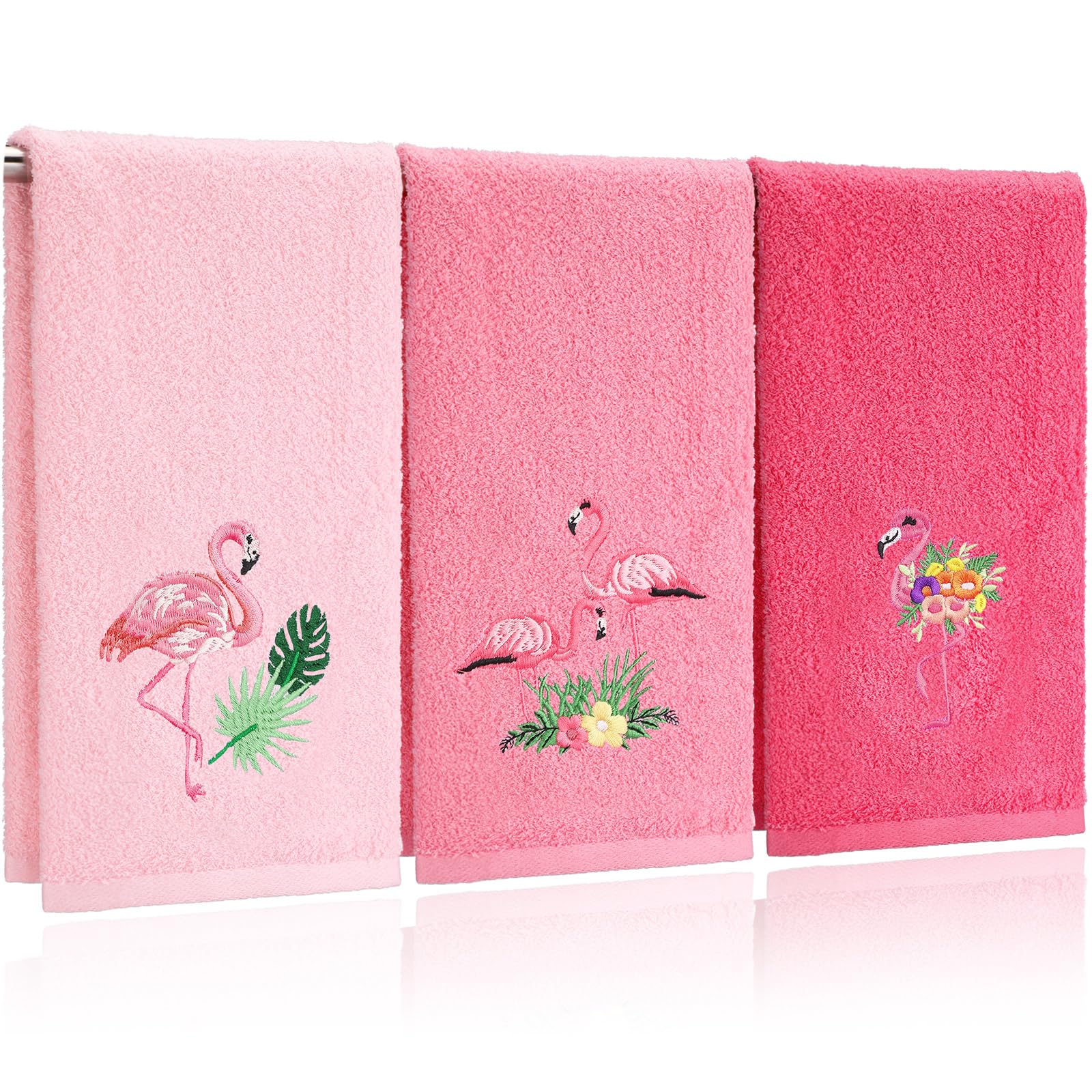 Tingjoo Flamingo Floral Hand Towels Pink Flamingo Bathroom Decor 14x29 Inch Embroidered Decorative Cute Summer Flowers Cotton Soft Absorbent Hand Towels for Bathroom Kitchen