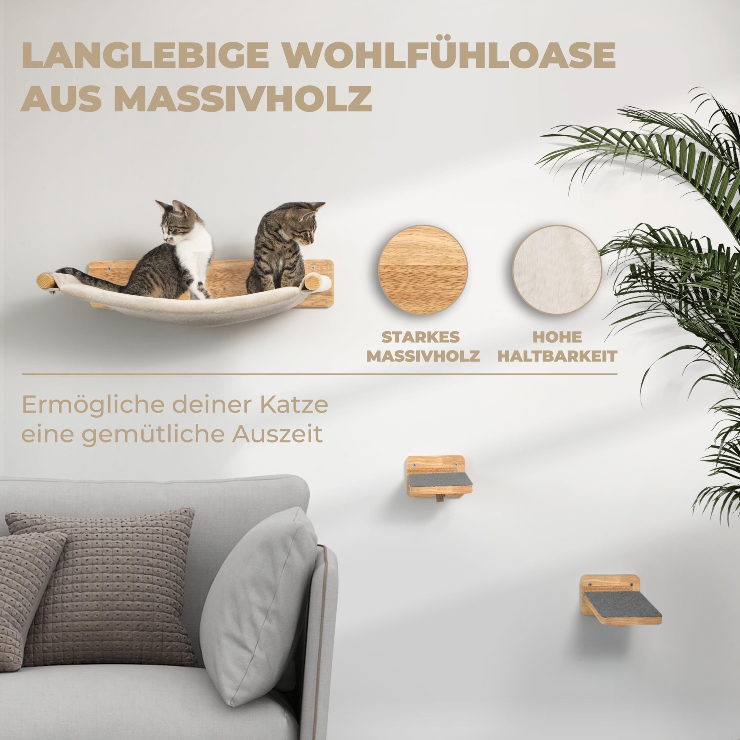 WOOWOOD® Kletterwand Katzen inkl. 2X Katzentreppe Wand [Massivholz] I Kratzbaum Wand I Hängematte Katze I Katzenwand I Wandkratzbaum I Katzenmöbel I Katzen Kletterwand 5