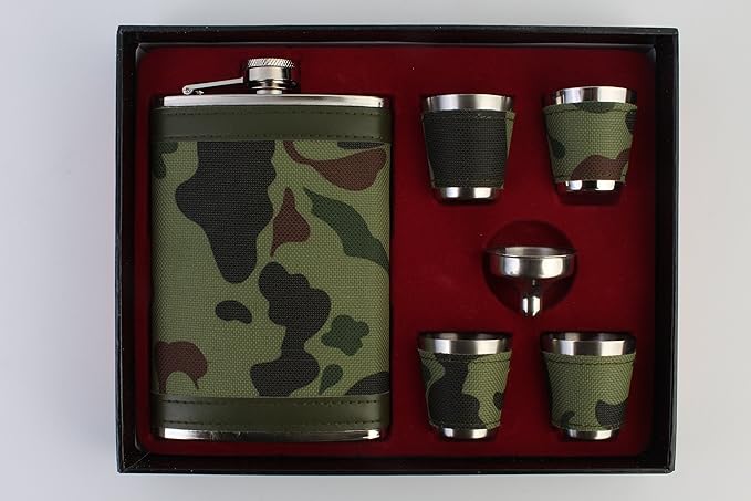 Stainless Steel Army Camouflage 9 Oz/266 ml Hip Flask + 4 Shot Glasses + Funnel