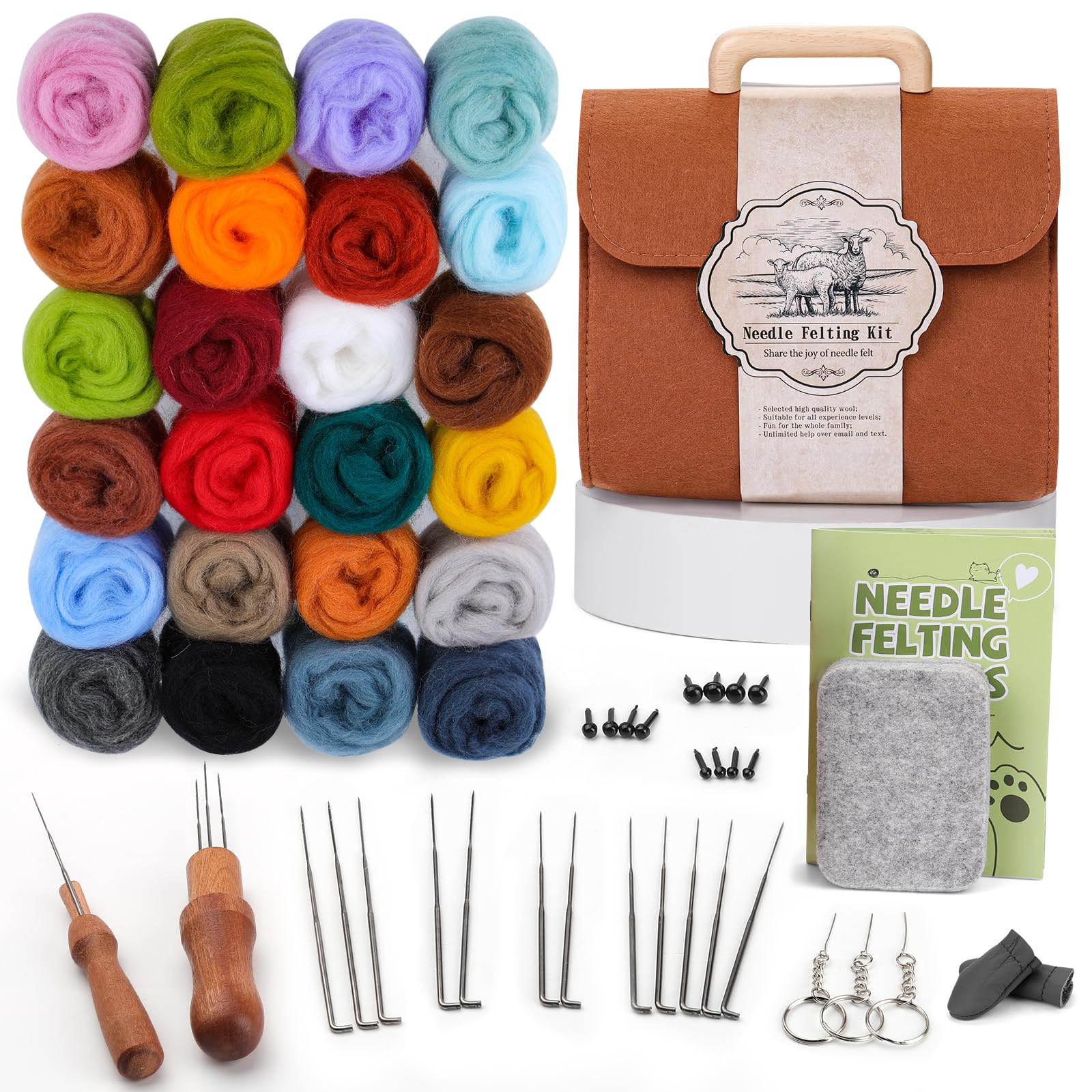 luokefe 24 Colors Needle Felting Kit, Felting Supplies with Storage Bag, Wool Kit with Wool Bulk, Needles, Pad for DIY Crafts Decoration