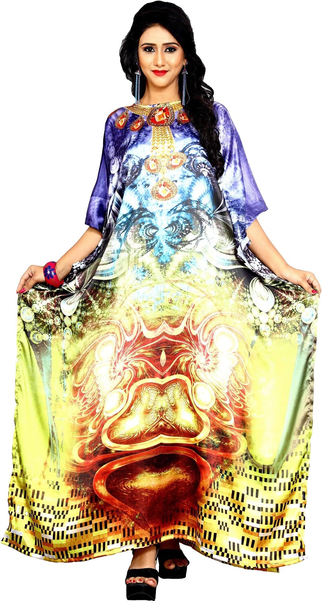 JustkartitMulti Color Digital Printed Satin Silk Long Kaftans Kurtas For Women