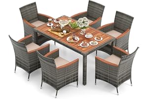 Tangkula 7 Pieces Outdoor Wicker Dining Set, Patio Dining Furniture Set with Acacia Wood Table and 6 Armchairs, Outdoor Table and Chairs Set with 1.96” Umbrella Hole and Cushions