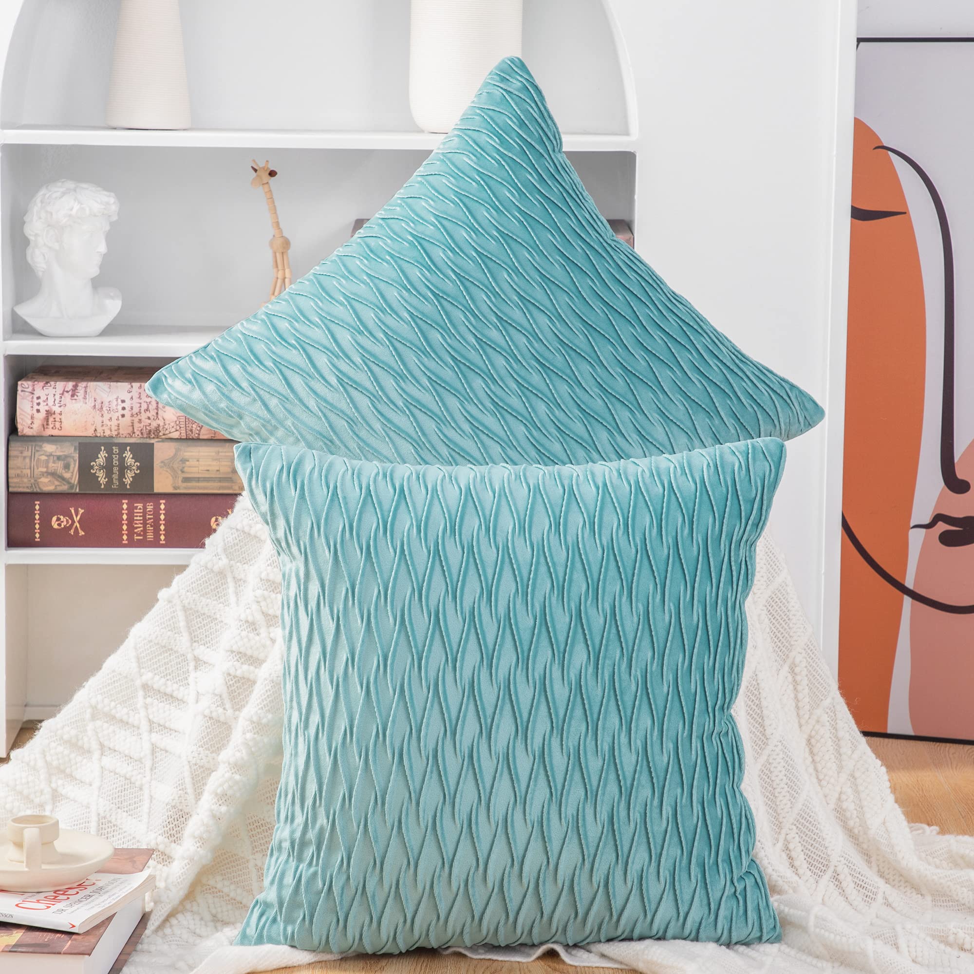 Madizz Pack of 2 Super Soft Velvet Decorative Cushion Covers with Texture Luxury Style Throw Pillow Cases Pillow Shell for Sofa Bedroom Square Aqua 20x20 inch