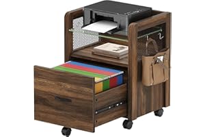 Bestier Mobile Lateral File Cabinets with Drawer, 20 Inch Wide Small Filing Cabinet Under Desk with Tempered Glass Storage Shelf & 4 Hooks for Home Office, Walnut
