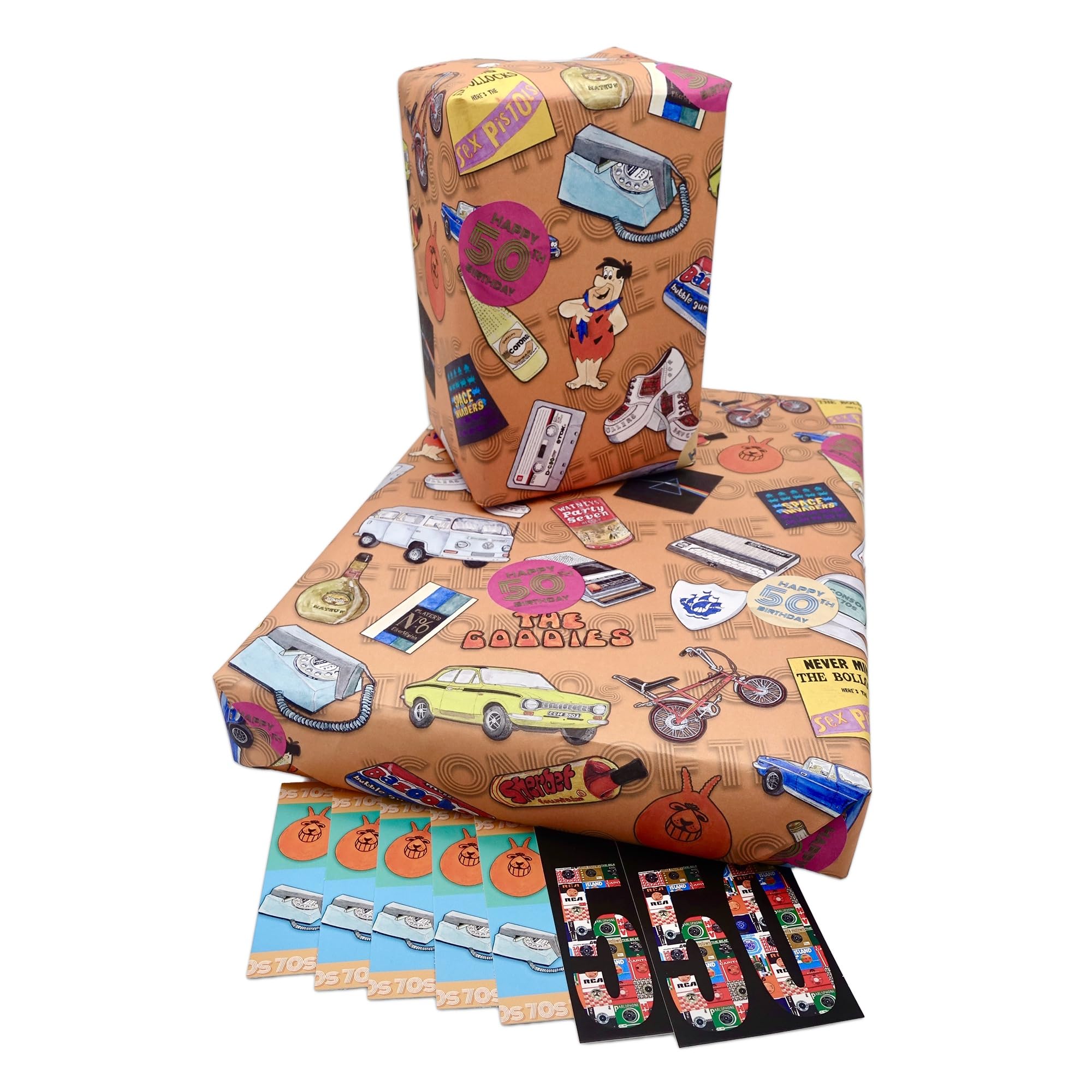 50th Birthday Wrapping Paper,Fiftieth Wrapping Paper,Retro Seventies Design, 5 sheet 6 tag multi pack, 50th Birthdays, Fiftieth Birthday Gift For Men, Women, 50th Wrap