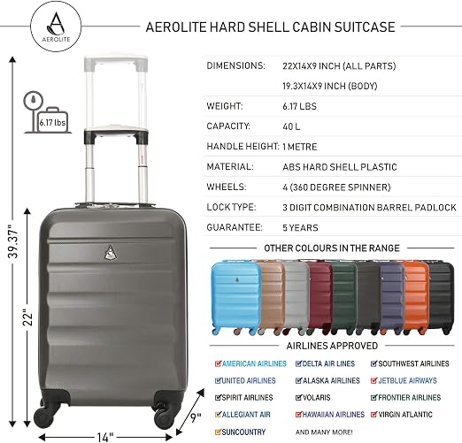 Gris Oscuro Aerolite ABS 55x35x20cm 33L Maleta Rígida Ligera Equipaje De  Mano con 4 Ruedas 35x20x20cm Bolsa Segundo Ryanair Tamaño Máximo  microbiome.com.tr