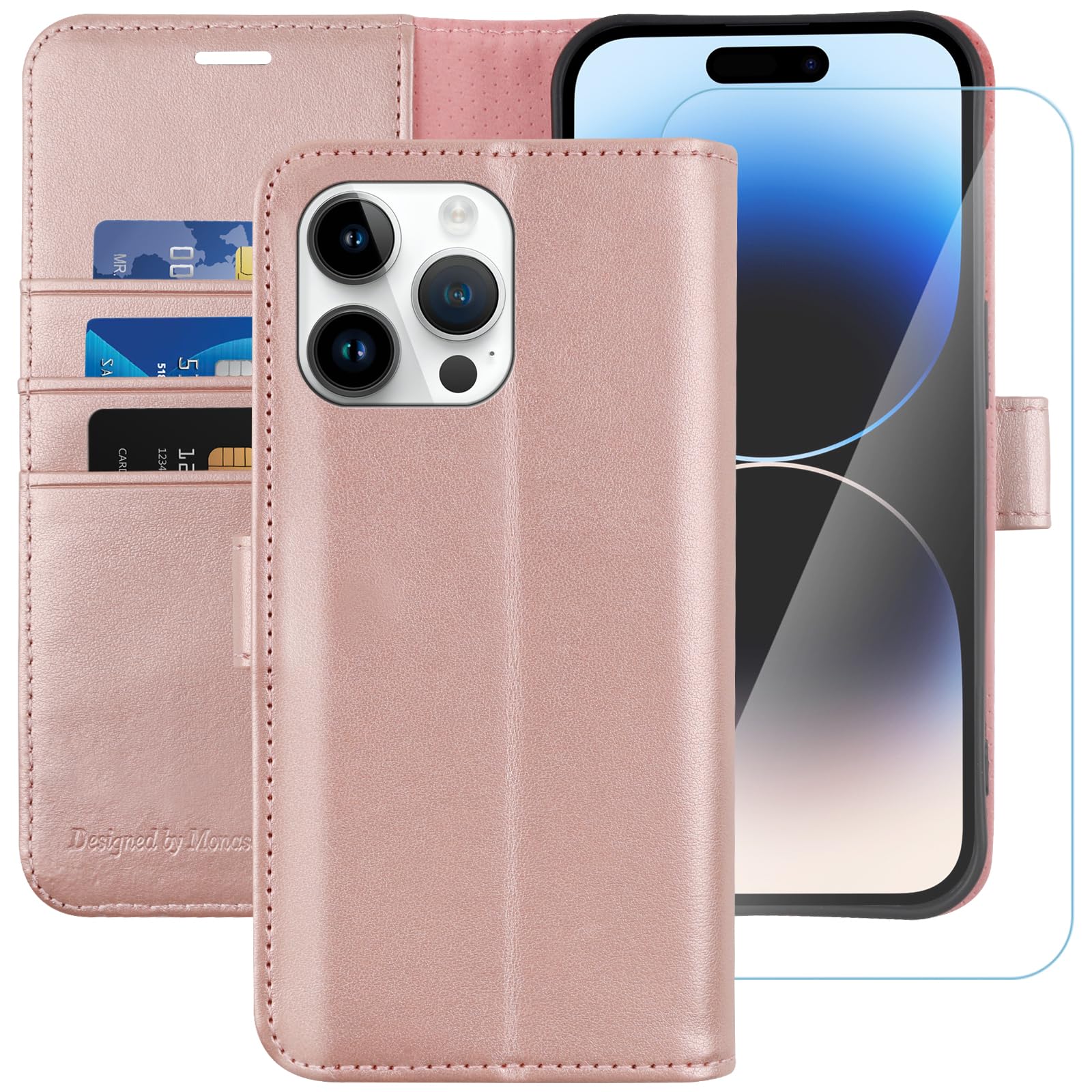 MONASAY Wallet Case for iPhone 14 Pro 5G,[Glass Screen Protector Included] [RFID Blocking] Flip Folio Leather Cell Phone Cover with Credit Card Holder for Apple iPhone 14 Pro 6.1-inch,Rosegold
