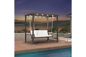 PURPLE LEAF 3-Seat Porch Swing with 12 Clear LED String Lights Outdoor Metal Pergola Swing Hanging Cloud Swing Chair for Backyard Garden Patio Hammock Swinging, Cushion and Pillows Included, Coffee