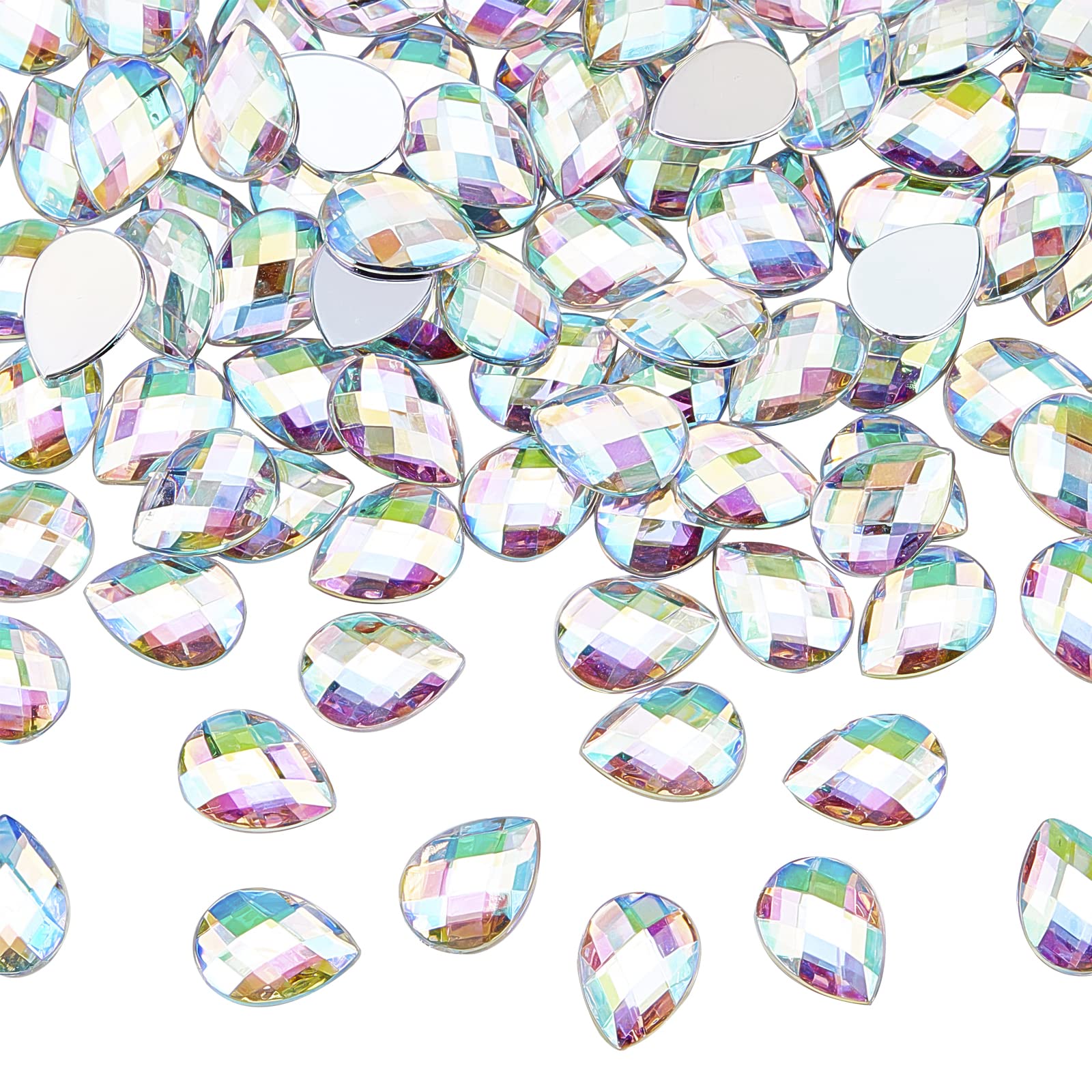 FINGERINSPIRE 250 Pcs 18x13mm Teardrop Acrylic Rhinestone Gems with Container AB Color Acrylic Jewels Embelishments Crystals Flat Back Acrylic Jewels for Costume Making Cosplay