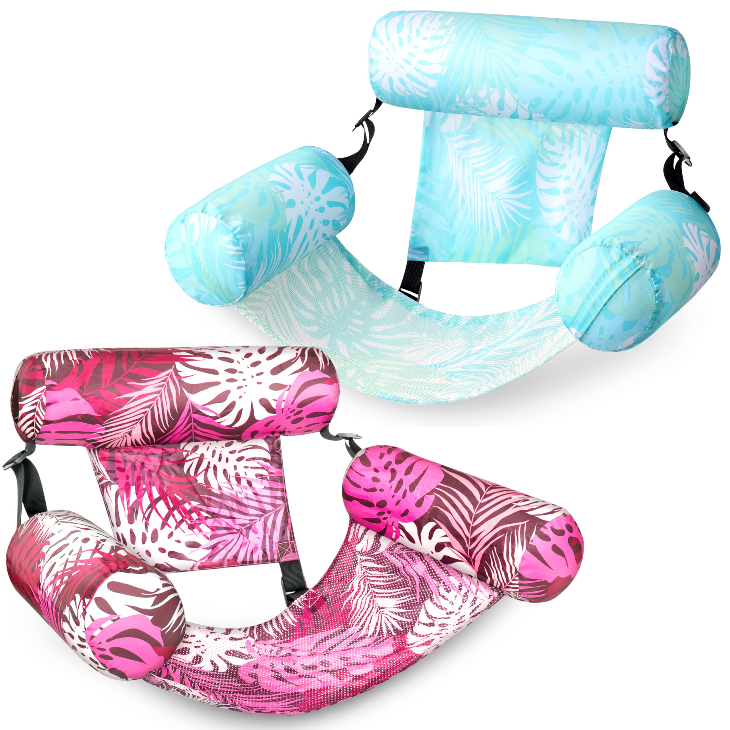 Photo 1 of SLOOSH Inflatable Pool Floats Adult,2 Packs Floating Lounge Chairs,Blow up Pool Noodles for Adult Heavy Duty,Floating Chair for Party Summer Water Beach Lake Fun,Tropical Leaves-Cyan,Pink