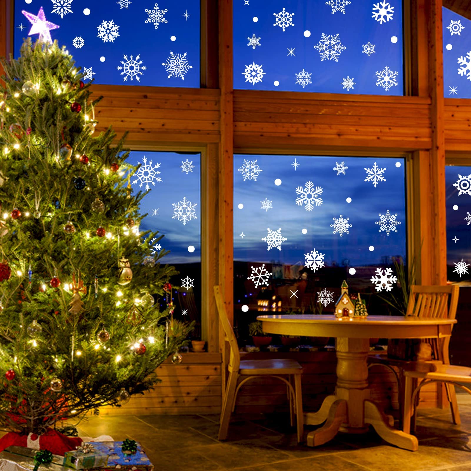 Fassory 155 Pcs White Snowflake Window Stickers, Reusable Christmas Static Cling Window Stickers Decals(White)