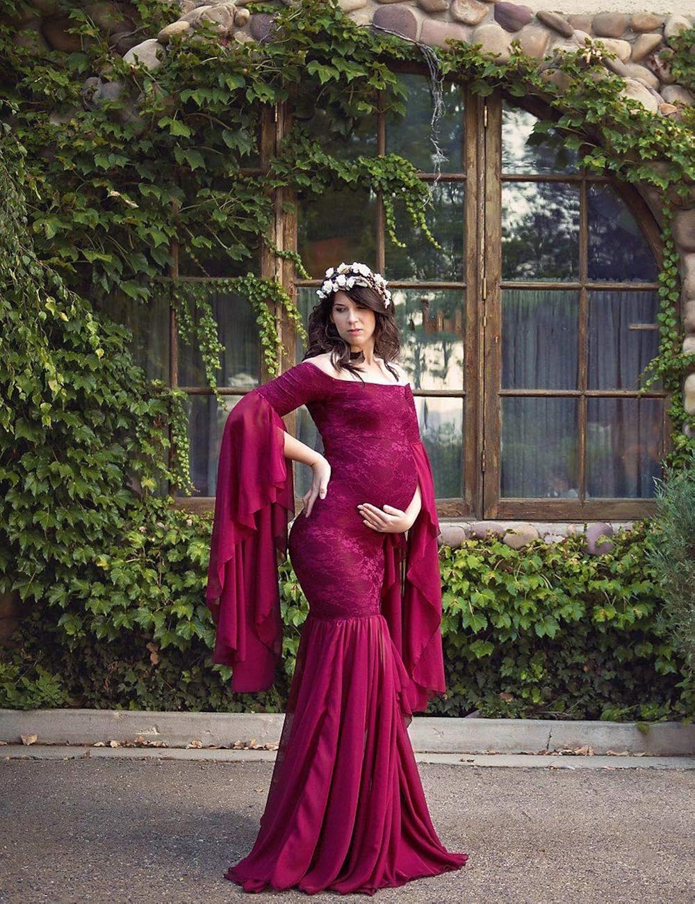 JustVH Women's Off The Shoulder Elegant Fitted Maternity Gown Flare Sleeve Slim Fit Maxi Photography Dress for Photoshoot Burgundy at  Women’s Clothing store