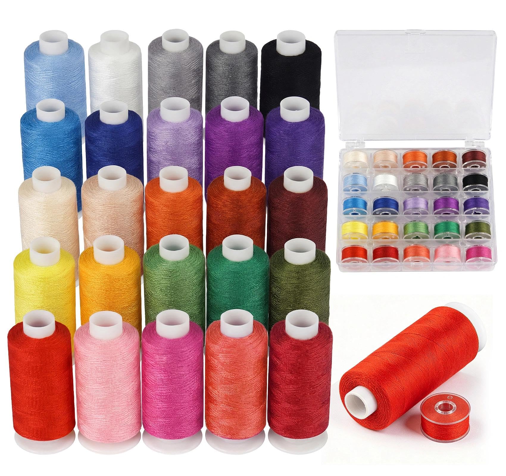 Agoer 50pcs Sewing Thread Bobbins Kit, 25 Colors 450 Yards Threads Prewound Bobbins for Sewing Machine, Thread for Hand Stitching & Quilting, Polyester Threads for Brother Singer Janome Machine