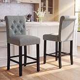 LSSPAID Bar Stools Set of 2, 24 Inch Counter Height Chairs, Upholstered Fabric Padded Kitchen Island Wood Barstools with Button Tufted Backrest and Solid Wood Legs, Grey