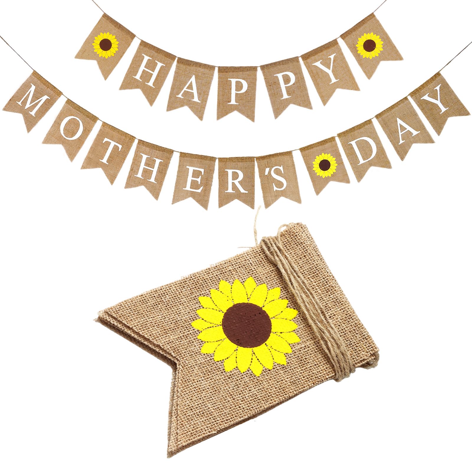 Happy Mother's Day Banner, Burlap Happy Mothers Day Bunting with Sunflower Reusable Happy Mothers Day Hessian Graland for Mother’s Day Decoration